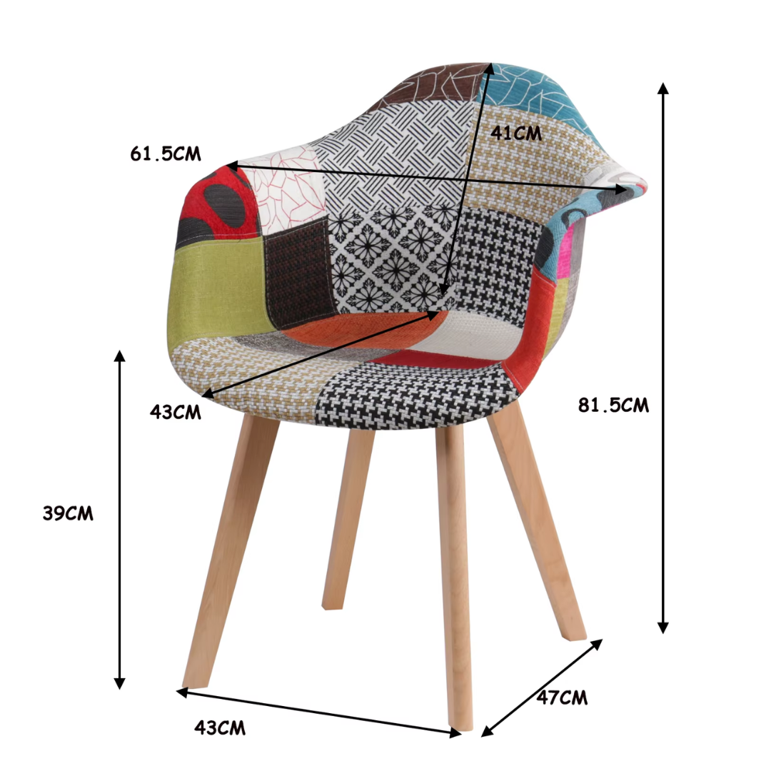 Set van 2 Eetkamerstoelen – Scandinavische Kuipstoelen met Armleuning – Patchwork Stof in Meerkleurig Design – Houten Poten – Comfortabele Fauteuils voor Eetkamer of Woonkamer