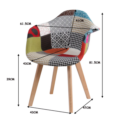 Set van 2 Eetkamerstoelen – Scandinavische Kuipstoelen met Armleuning – Patchwork Stof in Meerkleurig Design – Houten Poten – Comfortabele Fauteuils voor Eetkamer of Woonkamer