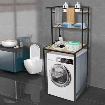 Wasmachine Ombouwmeubel – Kast met 3 Lagen – Wasmachine Rek voor Boven de Wasmachine – 69x60x176.5 cm – Zwart met Eikenhout – Extra Opbergruimte voor Badkamer of Wasruimte - QUORE
