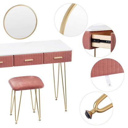 Luxe Kaptafel met Spiegel en Krukje - Moderne Dressoir - Wit / Roze - 3 Lades - 100 x 40 x 77 cm - Make Up Tafel