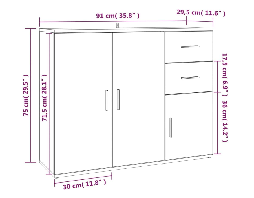 Sideboard – Dressoir – Kast – Opbergkast – Buffetkast – Wit – Hoogwaardig Spaanplaat – Afmeting 91x29,5x75 cm