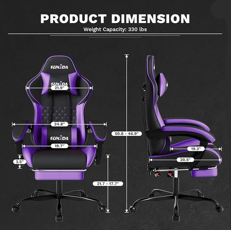 Gamingstoel – Esports Stoel – Ergonomische Gamestoel – Racestoel – Bureaustoel – Verstelbare Hoofdkussen – Uittrekbare Voetsteun – Zwart Paars