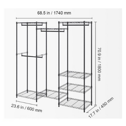 Kledingrek - Industrieel - Vrije indeling - Zwart metaal - Tot 360 kg - Ruim - Vrijstaand - Kledingstang - Legplanken - 174x180x45 cm
