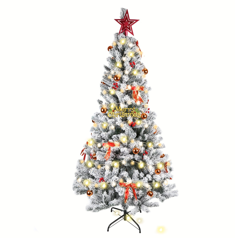 Kunstkerstboom – Kerstboom – Kunstboom – Nepkerstboom – Sierkerstboom – 210 cm Groot – Vooraf Versierd Met Flock – Met Metalen Standaard – Voor Binnen & Buiten