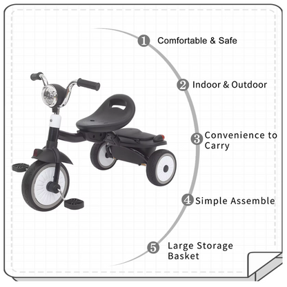 Driewieler voor Peuters – Kinderfiets Opvouwbaar met PU Wielen – Verstelbaar Zadel – Met Voorlamp & Opbergmand – 1 tot 3 Jaar – Zwart