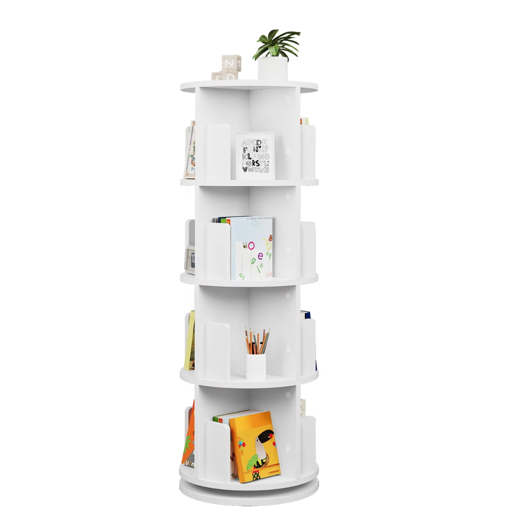 Roterende Boekenkast – 360° Draaibaar Boekenrek met 4 Verdiepingen en 16 Compartimenten – Compact Opslagsysteem – 127,4 cm Hoog – Ideaal voor Kinderkamer, Woonkamer of Kantoor – Moderne Boekenkast in Wit