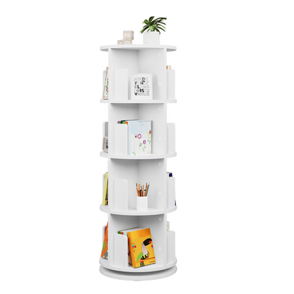 Roterende Boekenkast – 360° Draaibaar Boekenrek met 4 Verdiepingen en 16 Compartimenten – Compact Opslagsysteem – 127,4 cm Hoog – Ideaal voor Kinderkamer, Woonkamer of Kantoor – Moderne Boekenkast in Wit