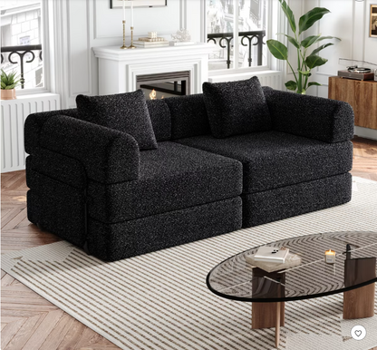 2-In-1 Chenille Sofa Bed – Slaapbank – Bedbank – Loungebank – Opklapbare Bank – Met Opbergruimte in Armleuning – Drie Verstelbare Metalen Frames – Zwart - QUORE