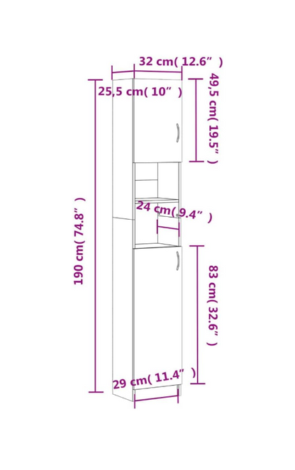 Opbergkast – Kast – Opbergmeubel – Bergkast – Badkamerkast – Smoked Oak – Verticale Design – 30x30x190 cm – Gemaakt Van Geengineerd Houten