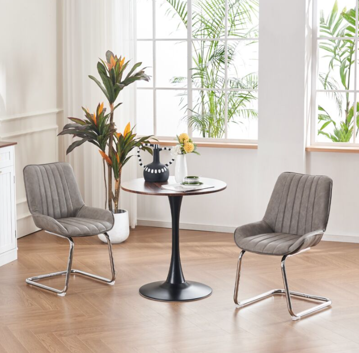 Eetkamerstoel – Keukenstoel – Woonkamerstoel – Stoel Met Armleuning – Kunstleren Stoel Grijs – Set Van 2 – Stevig Metalen Frame – Comfortabele Foam Vulling