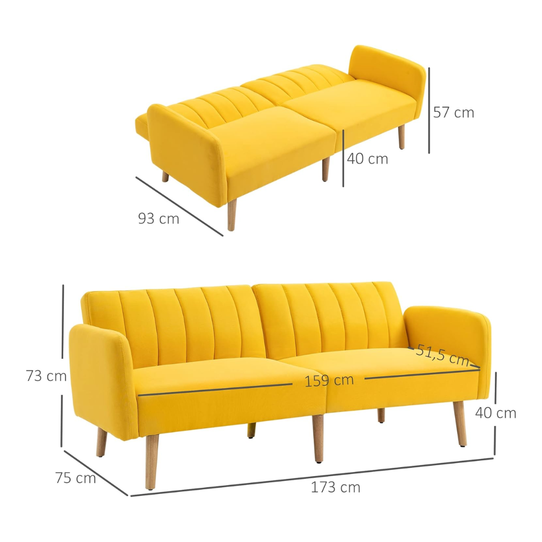 Slaapbank 2-Zits – Verstelbare Sofa Bed met Split-Back Functie – Comfortabele Logeerbed voor Woonkamer - Logeerkamer of Studentenkamer – 173x75x73 cm – Moderne Stijl - Geel