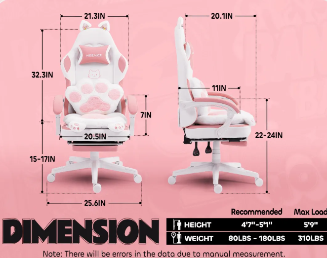 Gamingstoel – Bureaustoel – Racestoel – Computestoel – Gamelounge Stoel – Ergonomisch Recliner – Verstelbare Voetsteun – Roze/Zwart