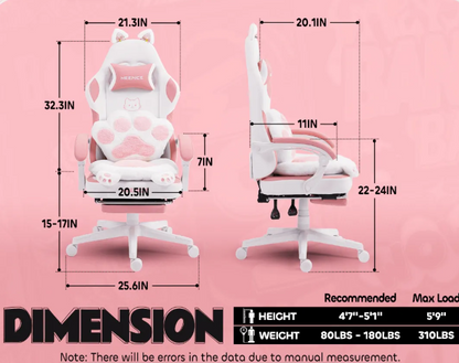 Gamingstoel – Bureaustoel – Racestoel – Computestoel – Gamelounge Stoel – Ergonomisch Recliner – Verstelbare Voetsteun – Roze/Zwart