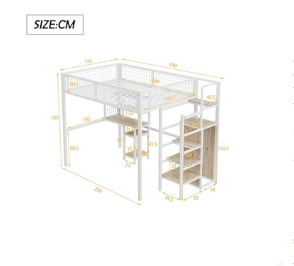Hochslaper 140x200 – Hoogslaper – Halfhoogslaper – Stapelbed – Kinderbed – Met Veiligheidsrail – Met Metalen Frame – Inclusief Kledingkast en Bureau – Wit – Compact en Ruimtelijk