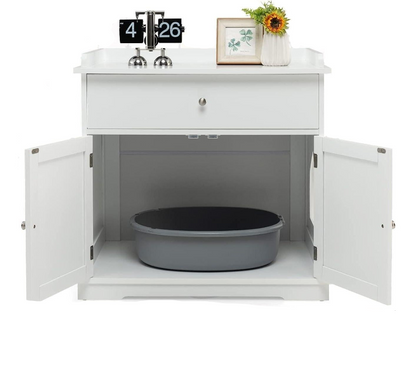 Kattenkast – Kattenhuis – Kattenbakkast – Kattenmeubel – Kattenverblijf – 3-in-1 Design – Ruime Lade – Wit MDF Met Ventilatie