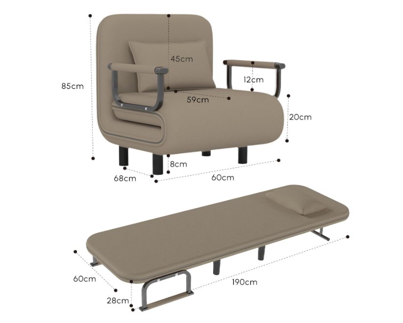 Slaapbank – Bedbank – Logeerbed – Slaapstoel – Bankbed – Opvouwbaar – Memory Foam – Metalen Frame – Khaki