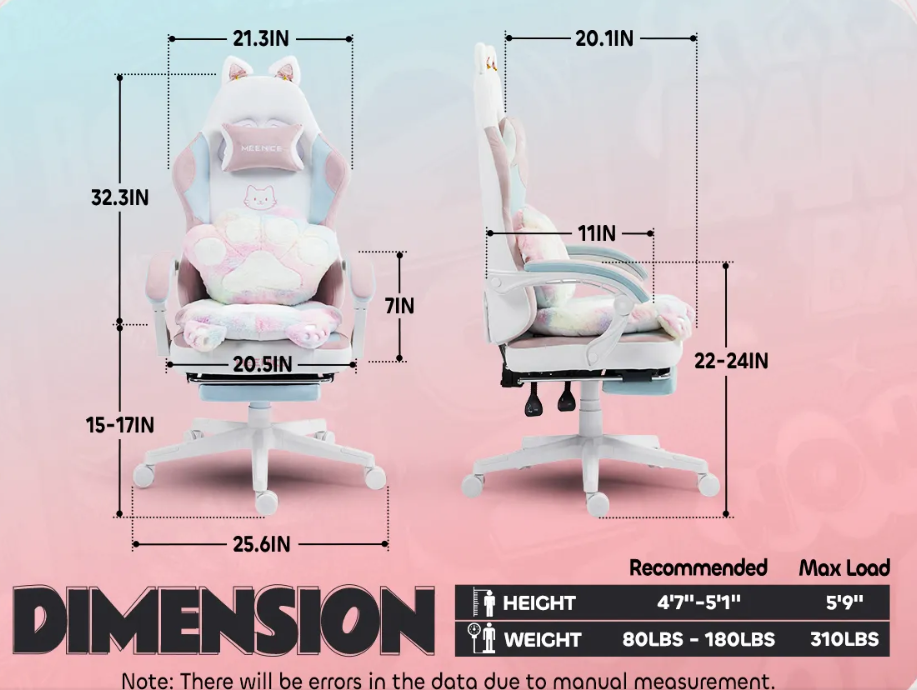 Gamingstoel – Gamestoel – Bureaustoel – Computestoel – Zitzakstoel – Ergonomisch Recliner Met Handmatige Verstelling – Verstelbare Voetsteun En Hoofdsteun – Roze/Zwart – Geschikt Voor Harde Vloeren – Draagvermogen 136 KG
