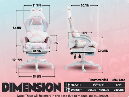 Gamingstoel – Gamestoel – Bureaustoel – Computestoel – Zitzakstoel – Ergonomisch Recliner Met Handmatige Verstelling – Verstelbare Voetsteun En Hoofdsteun – Roze/Zwart – Geschikt Voor Harde Vloeren – Draagvermogen 136 KG