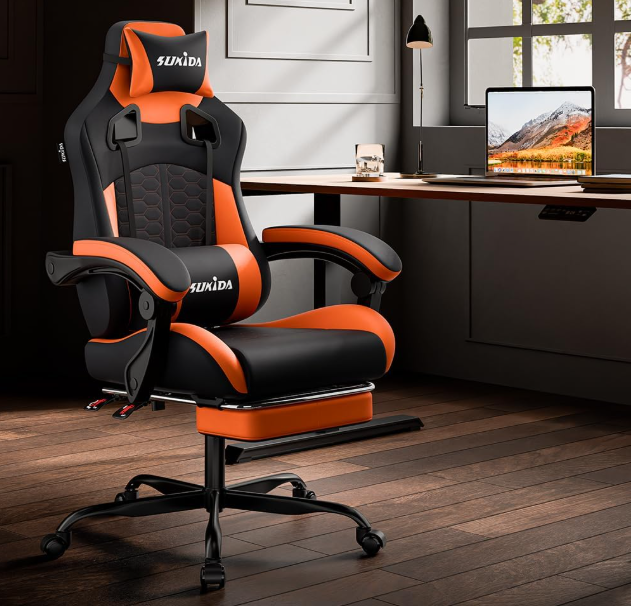 Gamingstoel – Gamestoel – Gaming Chair – Game Stoel – Bureaustoel – Ergonomisch Ontwerp – Verstelbare Voetsteun & Lendensteun – Maximaal 150 kg – Zwart/Oranje