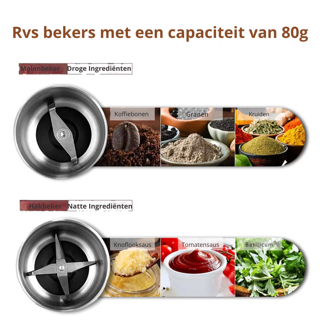 Elektrische Kruiden- en Koffiebonenmolen - 2-in-1 Nat en Droog - Dubbele bekers - Multifunctionele Molen - 300W - Roestvrijstalen behuizing en maalbladen - QUORE