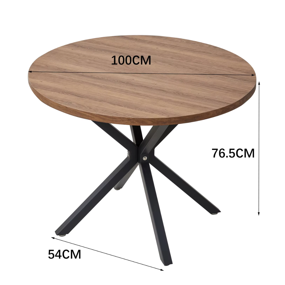 Ronde Eettafel 100 cm – Massief Houten Tafel met Stalen X-Frame – Eettafel voor 2 tot 4 Personen – Zwart Onderstel & Donkerbruin Tafelblad – Industrieel Design