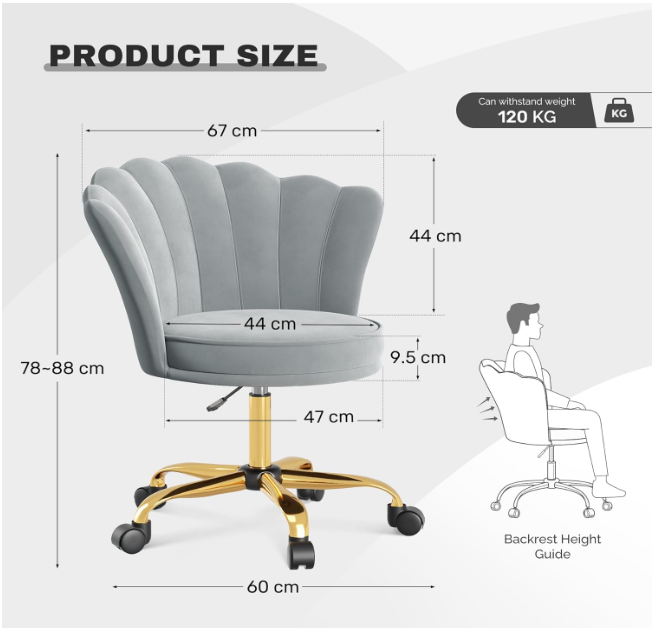 Velvet Bureaustoel – Draaistoel – Bureau Stoel – Kapstoel – Werkstoel – Luxe Gouden 5-Poots Onderstel – Verstelbare Hoogte & 360° Draaibaar – Memory Foam Zitting – Grijs