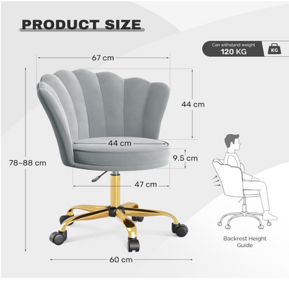 Velvet Bureaustoel – Draaistoel – Bureau Stoel – Kapstoel – Werkstoel – Luxe Gouden 5-Poots Onderstel – Verstelbare Hoogte & 360° Draaibaar – Memory Foam Zitting – Grijs