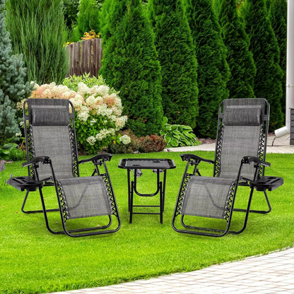 Ligstoelen Set met Tafel - Loungeset Buiten - Verstelbare Tuinstoelen - Campingstoelen - Opvouwbare Strandstoelen met Hoofdkussen en Bekerhouder - Grijs