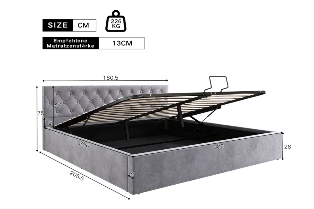 Bedframe – Tweepersoonsbed – Gestoffeerd Bed – Slaapbank – Opbergbed – Fluweel Grijs – 140x200 cm – Hydraulische Opbergruimte