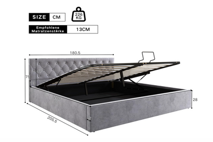 Bedframe – Tweepersoonsbed – Gestoffeerd Bed – Slaapbank – Opbergbed – Fluweel Grijs – 140x200 cm – Hydraulische Opbergruimte