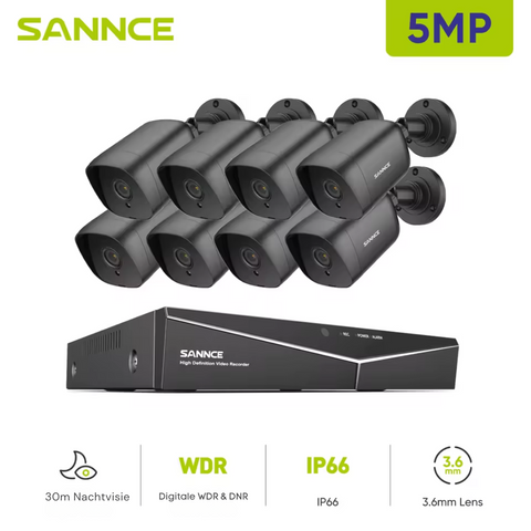 Sannce - DT81BF-CR1CP - Beveiligingscamerasysteem - 5MP - Openlucht - Bewakingscamera - Beveiligingscamera - Beveiligingscamerasysteem - 8 stuk - NTSC,PAL - Zwart