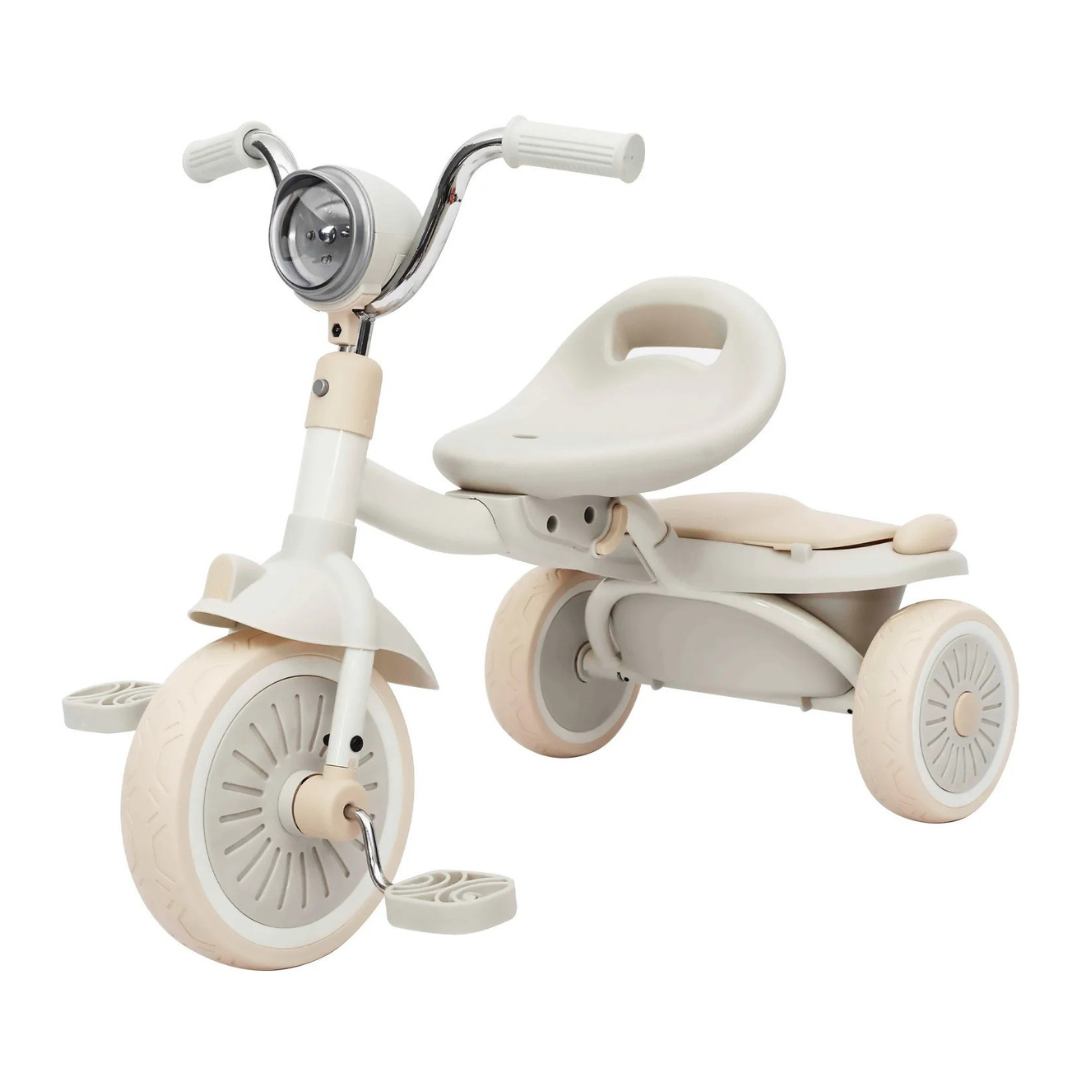 Driewieler voor Peuters – Kinderfiets Opvouwbaar met PU Wielen – Verstelbaar Zadel – Met Voorlamp & Opbergmand – 1 tot 3 Jaar – Crème