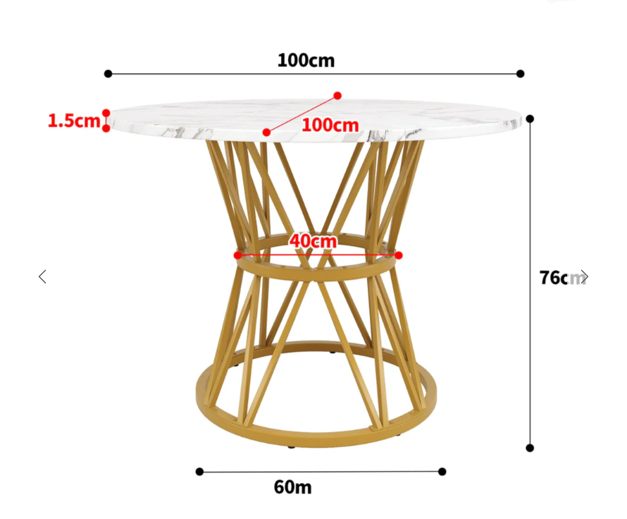 Eettafel – Ronde Tafel – Keukentafel – Eetkamertafel – Salontafel – Wit Marmerblad – Gouden Metalen Poten – 100x100x76 cm – Geschikt Voor 4 Personen