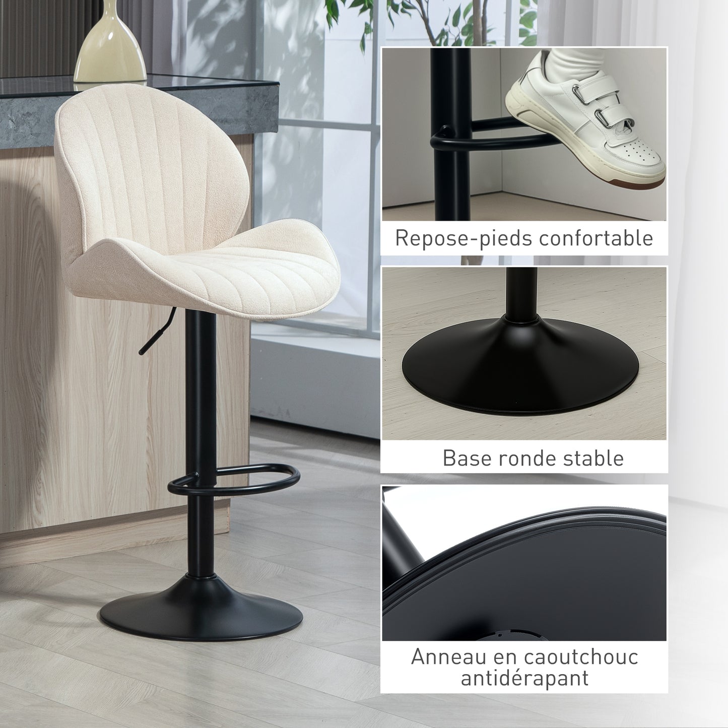 Barstoel – Kruk – Barkruk – Keukenstoel – Barstoel Met Rugleuning – 360° Draaibaar – Verstelbare Hoogte – Stalen Frame – Beige