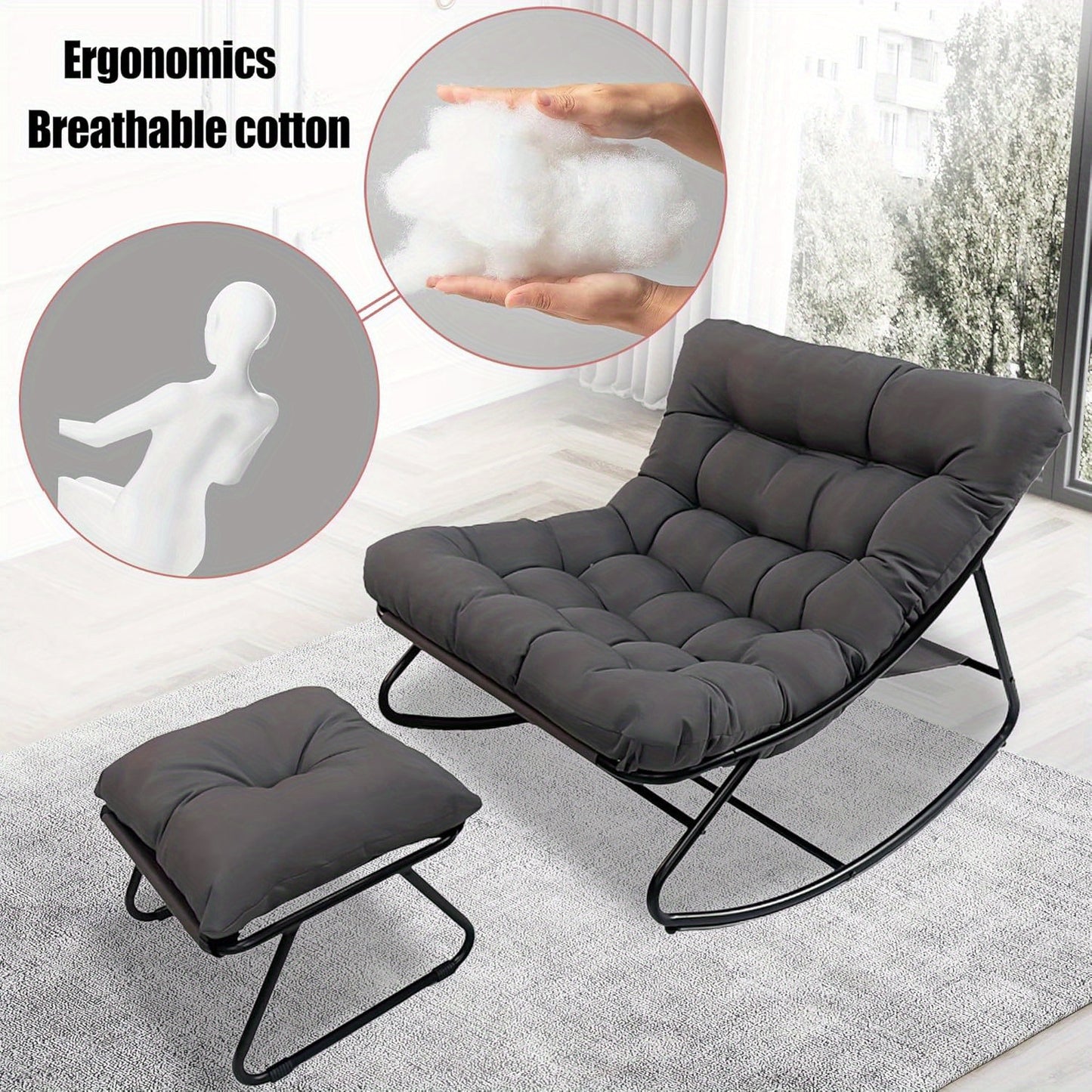 Schommelstoel – Glijstoel – Relaxstoel – Fauteuil – Loungestoel – Met Voetenbank – Verwijderbare Kussens – Stalen Frame – Draagkracht 150 kg