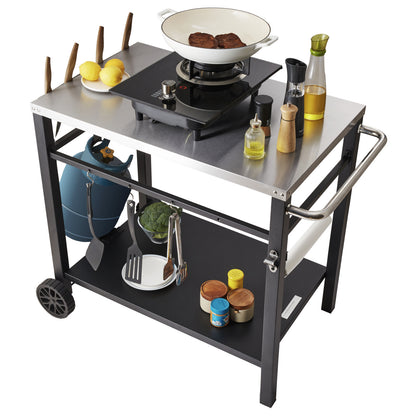 BBQ Werktafel – Barbecue Tafel – Grilltafel – Buitenkeuken Trolley – Werkbank Buiten – Roestvrijstalen Blad – Dubbele Plank – 85x55 cm – Verrijdbaar Met 2 Wielen