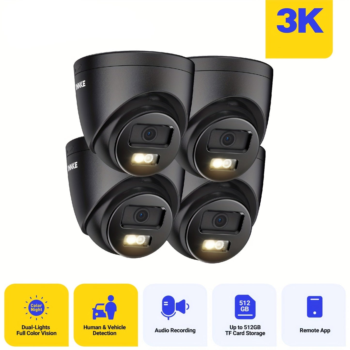 Beveiligingscamera – Camerabewaking – Buitencamera – Bewakingscamera – IP-camera – 3K Resolutie – AI Mens- en Voertuigdetectie – Kleurrijk Nachtzicht – Draadloos PoE – Ingebouwde Microfoon – 2.8mm Lens – Zwarte Behuizing