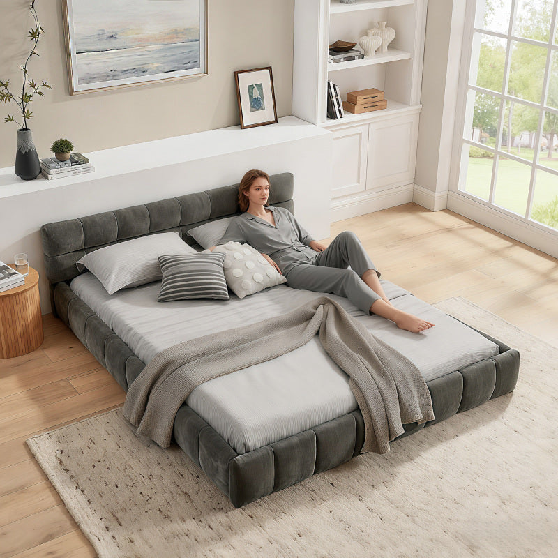 Bedframe – Tweepersoonsbed – Dubbelbed – Slaapbank – Eenpersoonsbed – Chenille Bekleding – 140x200 cm – Ecologisch Eucalyptus Hout – Stabiel IJzeren Frame – Donkergrijs – Eenvoudige Montage