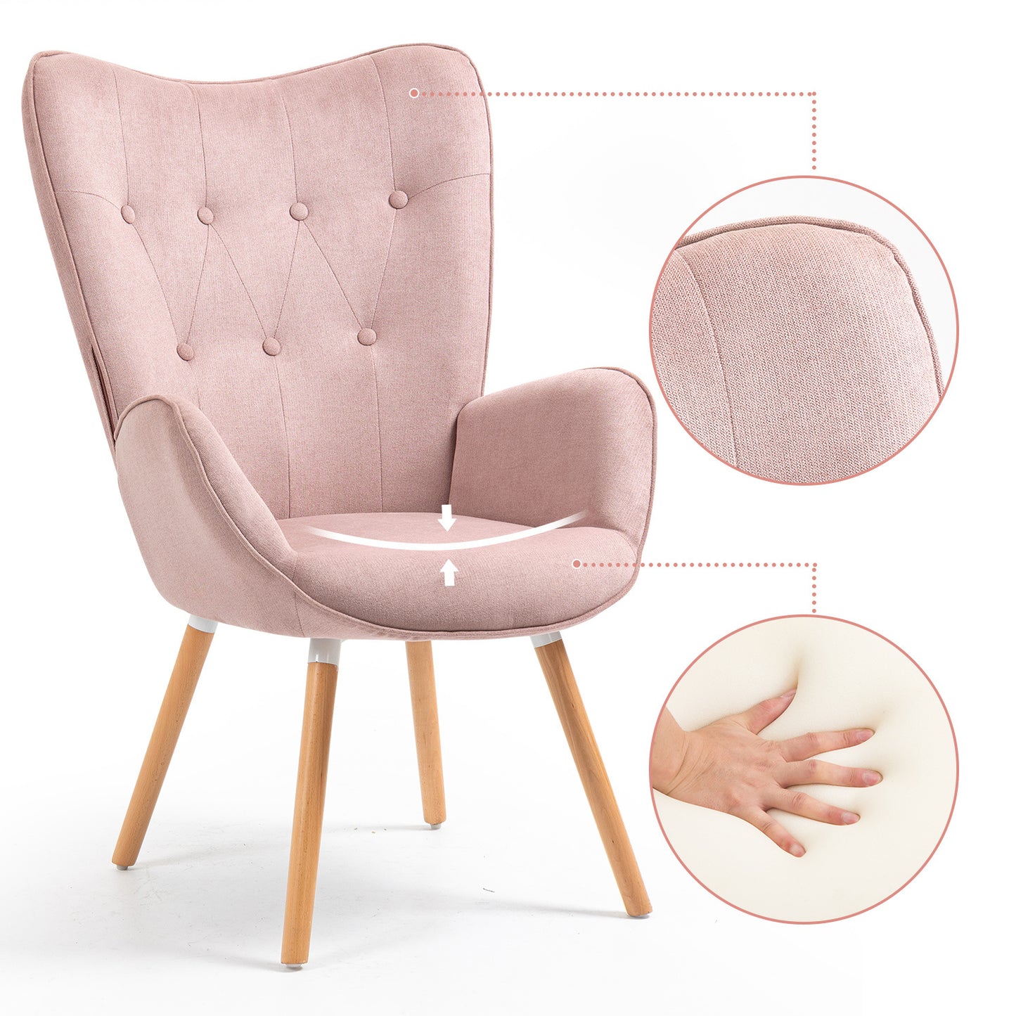Slaapkamerfauteuil – Lounge Stoel – Zetel – Relaxfauteuil – Living Kamerstoel – Roze Stoffen Bekleding – Scandinavisch Design Met Eiken Houten Poten