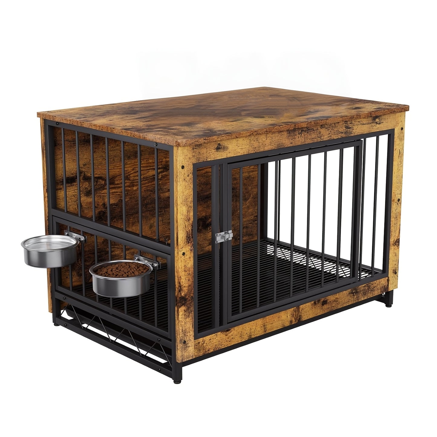 Hondenbench – Hondenren – Kattenren – Hondenhok – Kattenhuis – Houten MDF & Metaal – Afneembare Tray & 2 RVS Voerbakken – 93x58x64 cm – Voor Huisdieren Tot 40 kg