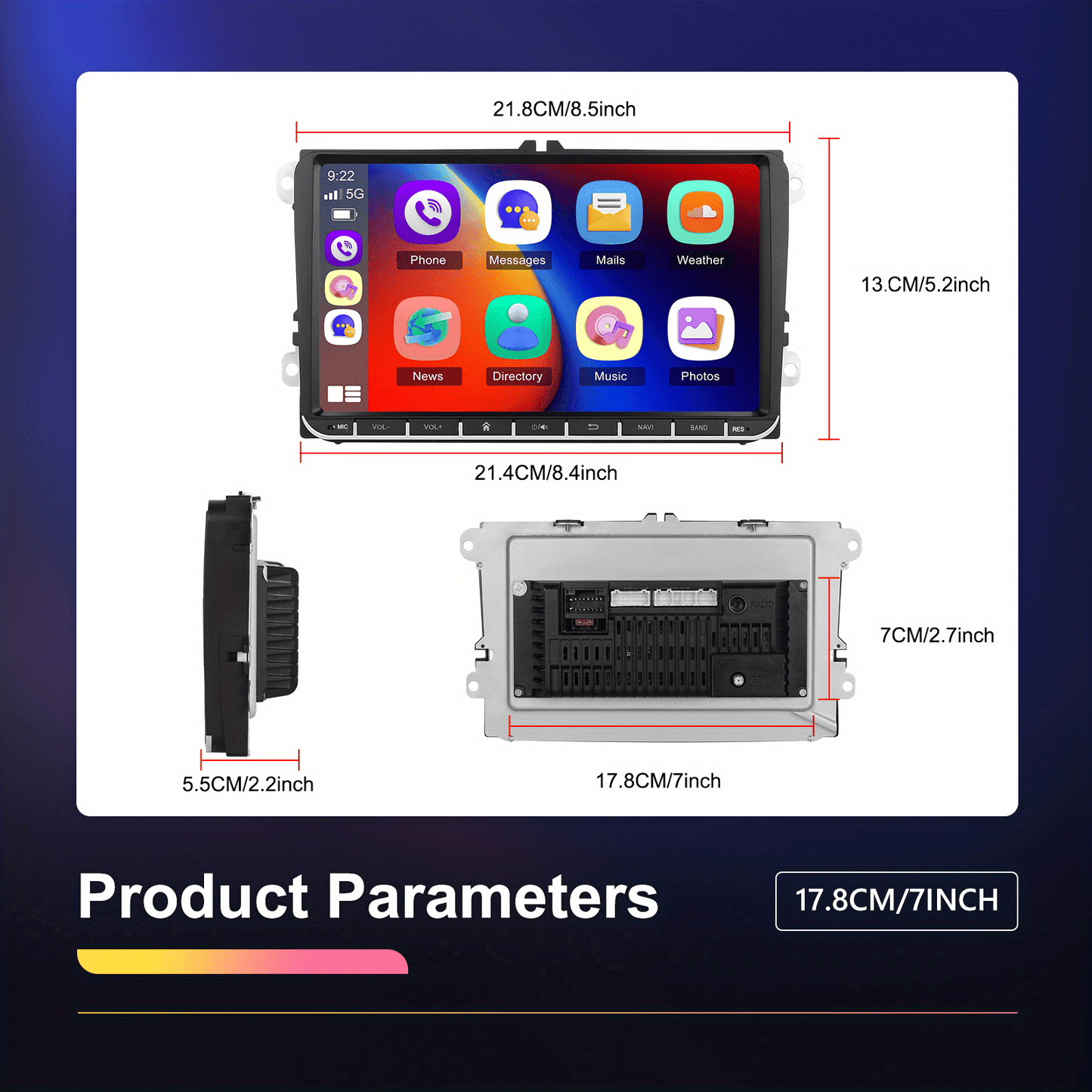Autoradio – 2DIN Multimedia Speler – Car Radio – Auto Stereo – Double Din – Android 13 – 22,86 cm Capacitive Touchscreen – Draadloze CarPlay & Android Auto