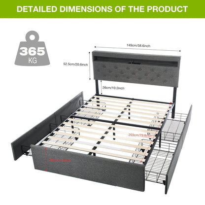 Bedbank – Slaapbank – Slaapstoel – Bankbed – Bedframe – 140x200 cm – Gestoffeerd Grijs Linnen – 4 Lades & USB LED Hoofdbord