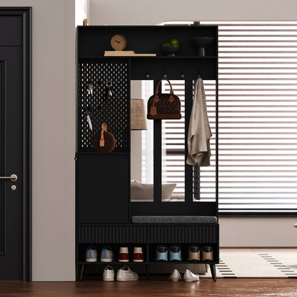 Halmeubel – Kapstok – Schoenenrek – Opbergkast – Zitbank – 6-in-1 Multifunctioneel – Mat Zwart MDF – 100x35x180 cm – Kantelbeveiliging