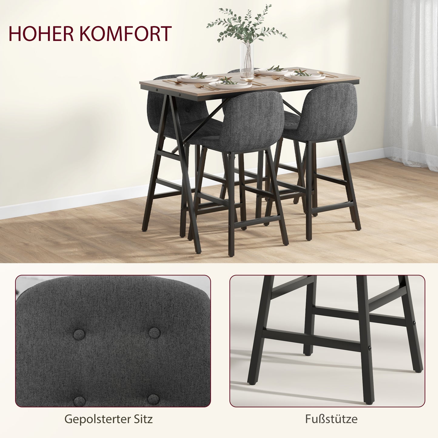 Eetkamer Set – Diningset – Tafel Met Stoelen – Eettafel Set – Stoelen Set – Donkergrijs – Button Tufting – Dikke Linnenlook Bekleding