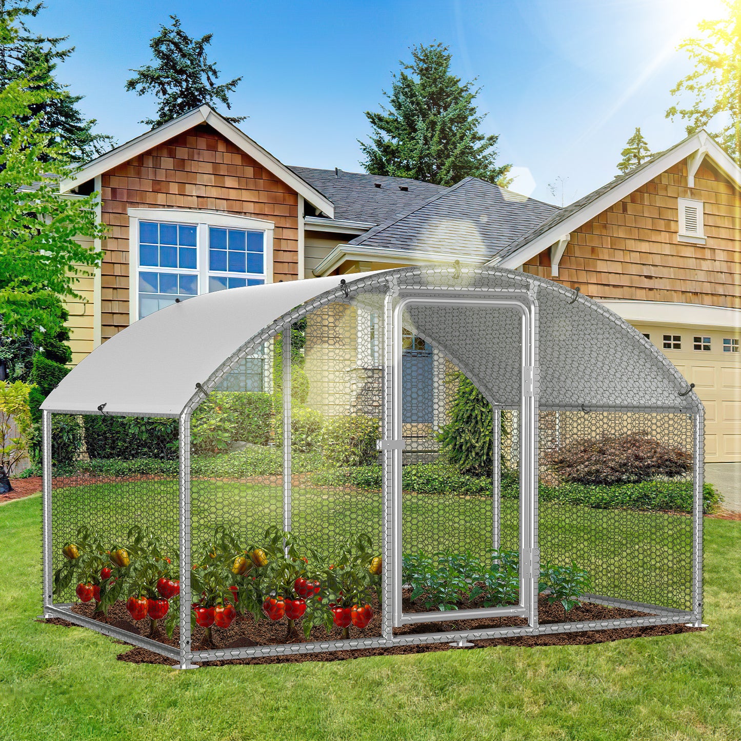 Chicken Coop Free-Range Enclosure, 3X2X2M/3X4X2M/3X6X2M/3X8X2M Galvanized Steel, Chicken House Dome Roof with Lock And Pe-Colored Tarpaulin, Easy to Clean, for Chicken Cage Bird Cage.