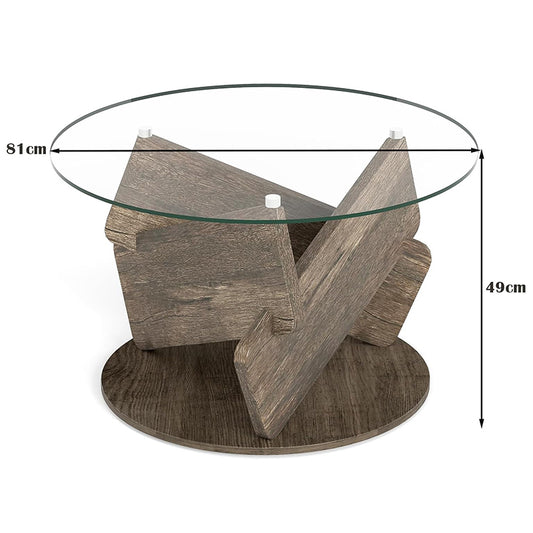 Salontafel – Ronde Tafel – Woonkamertafel – Bijzettafel – Koffietafel – Gehard Glas – Massief Houten Poten – Ø 81 cm – Modern Design