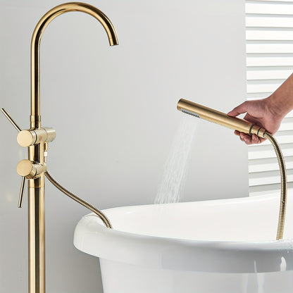 Vrijstaande Badkraan – Vloerkraan – Badmengkraan – Vloermontage Kraan – Staande Mengkraan – Geborsteld Goud – 118 cm Hoog – Keramische Valve