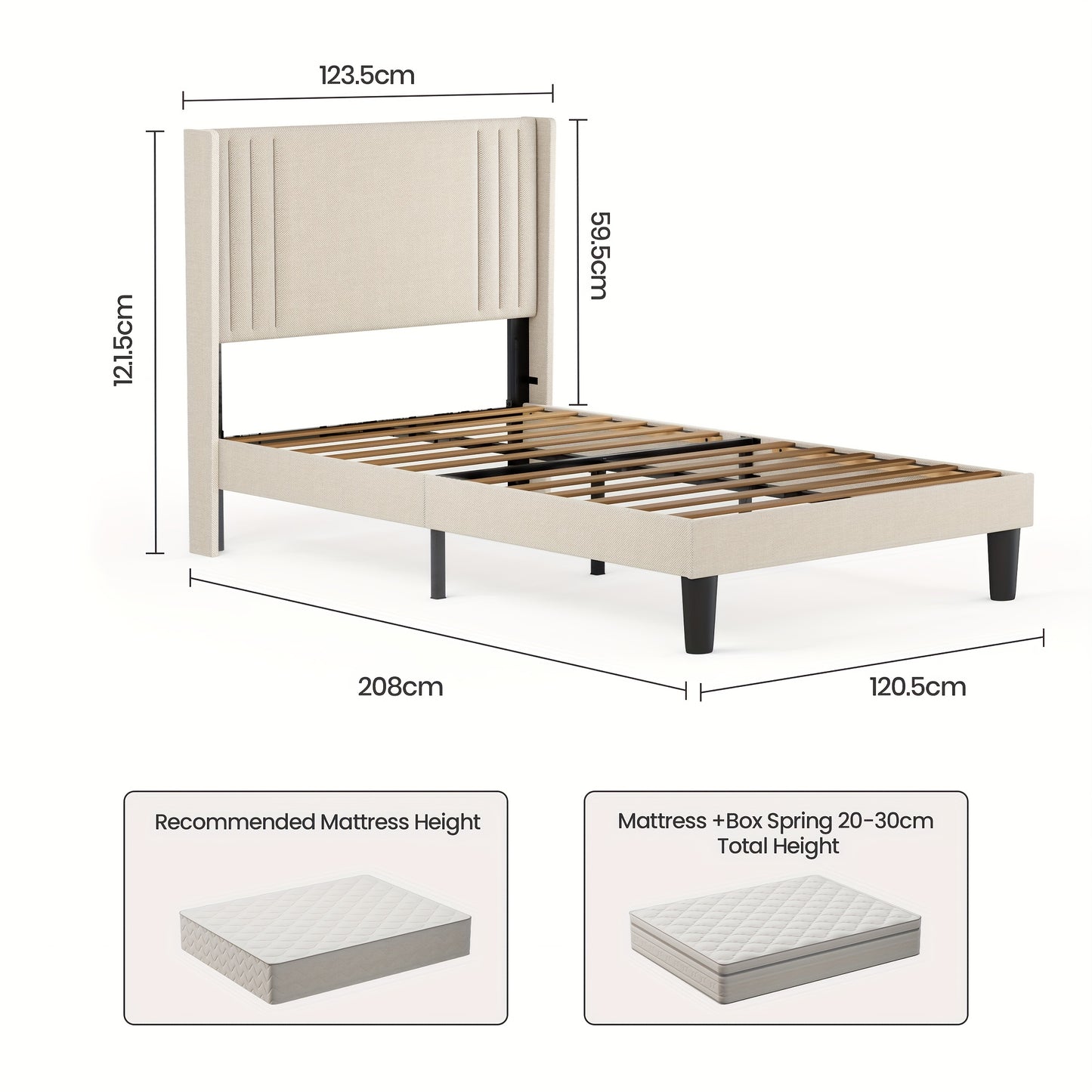 Upholstered Bed With Comfortable And Soft Backrest, Single Bed/Double Bed, Stable Bed Frame With Noise Free Design, Underbed Storage& Easy To Clean, Erfect For Any Bedroom, 90x200cm/120x200cm (Dark Grey, Beige)