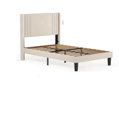 Bedframe – Bed – Eenpersoonsbed – Tweepersoonsbed – Opbergbed – Gestoffeerd Bedframe – Beige – 120x200 cm – Geluidsvrij en Met Opbergruimte