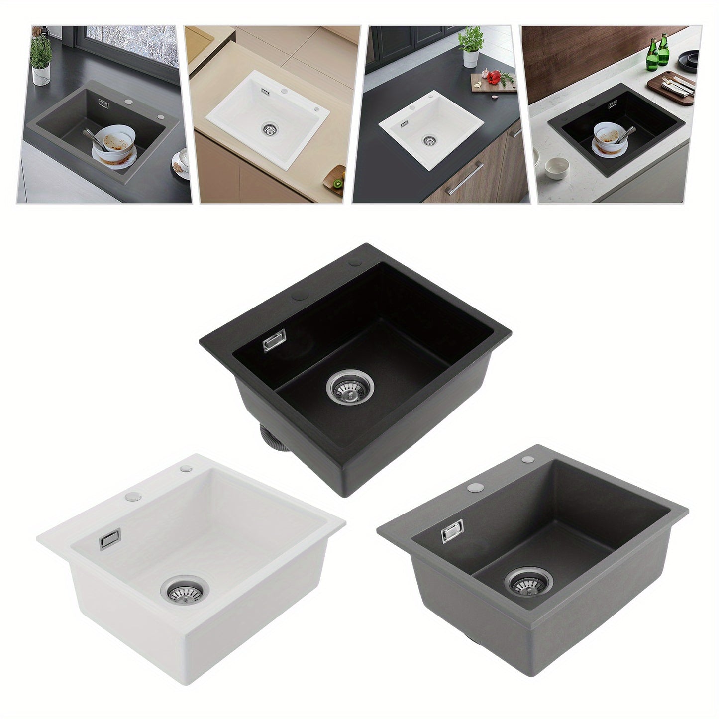 Keukenwasbak – Spoelbak – Gootsteen – Wasbak – Kwartssteen Spoelbak – Zwart Gepolijst – Duurzaam & Extra Diep 50x45 cm